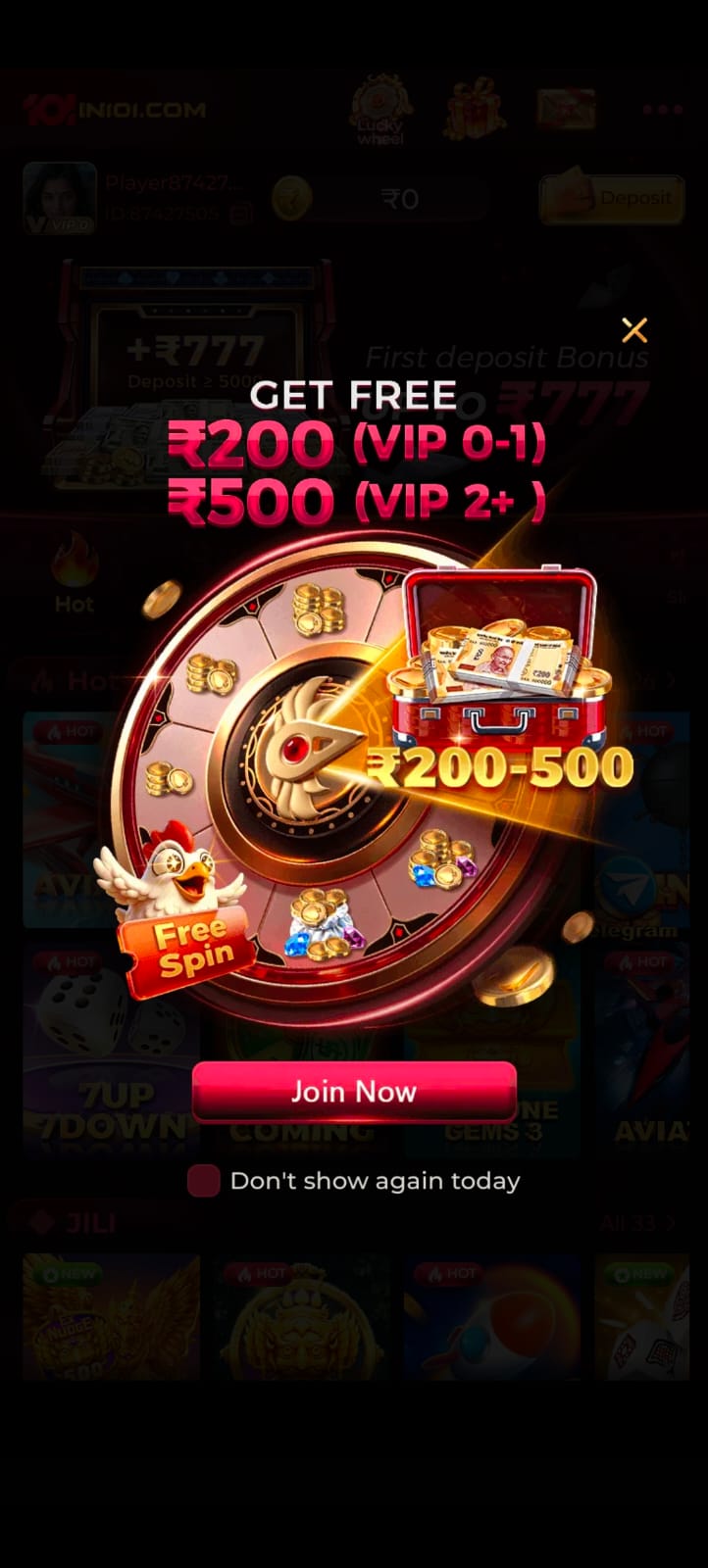101IN101 promotional popup showing free spin lucky wheel with ₹200 to ₹500 cash rewards for VIP players