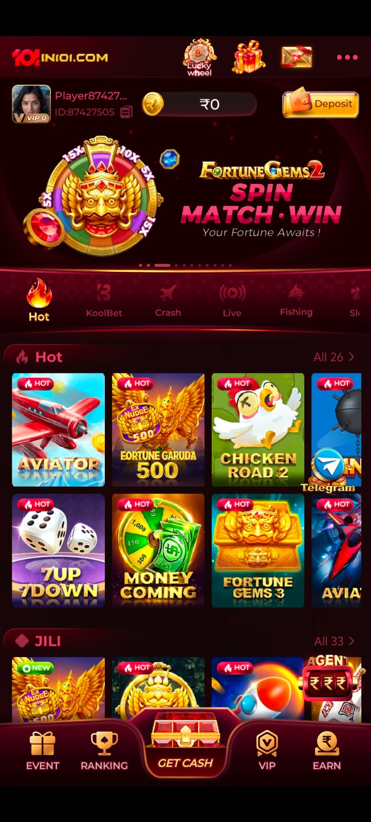 101IN101 online gaming app dashboard showing Fortune Gems 2 slot, Aviator crash game, Money Coming, and JILI games lobby