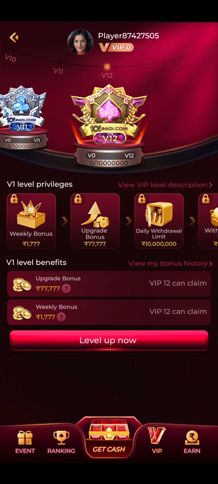 101IN101 VIP membership tier progression screen showing VIP 12 rewards, weekly bonuses, upgrade cash, and daily withdrawal limits