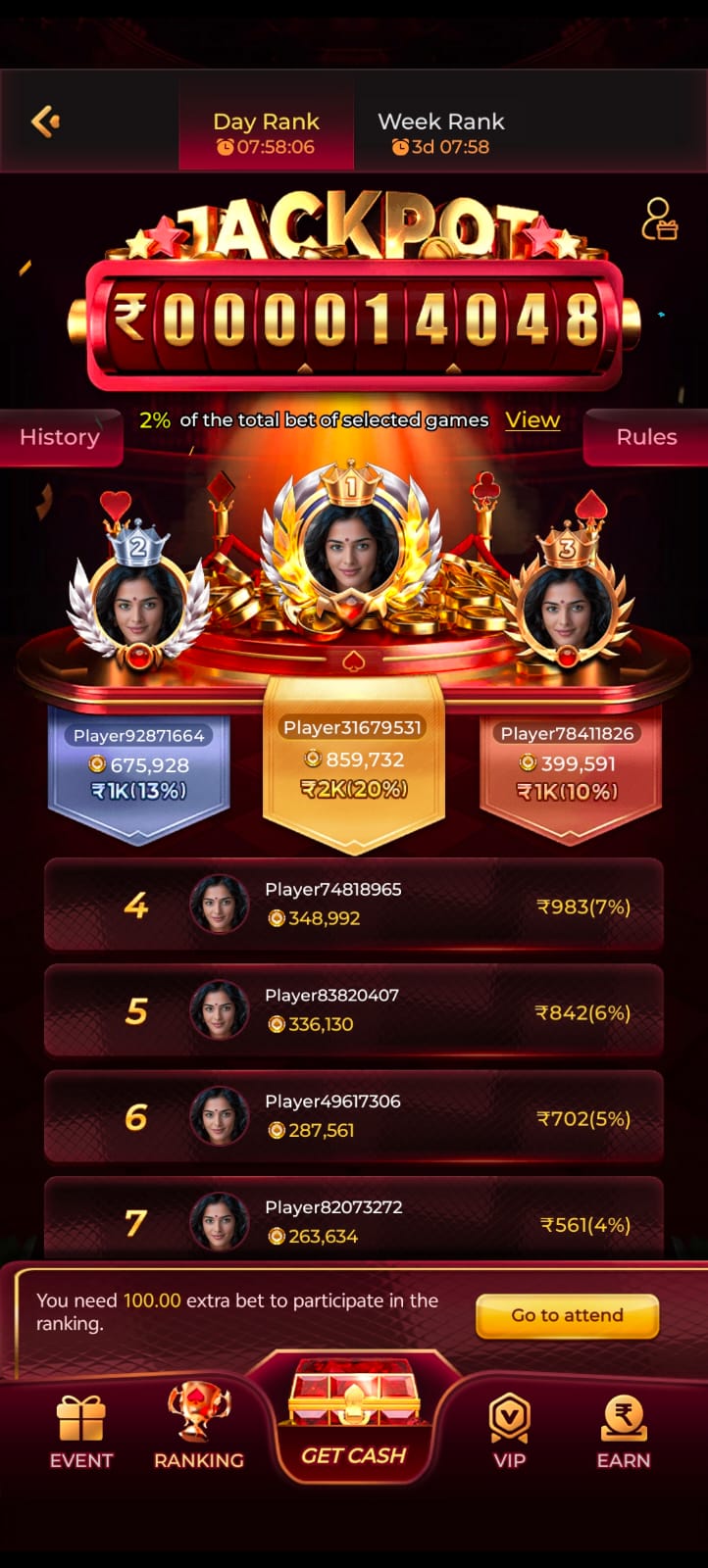 101IN101 casino jackpot leaderboard showing daily top ranked players, prize pool percentage payouts, and cash reward standings